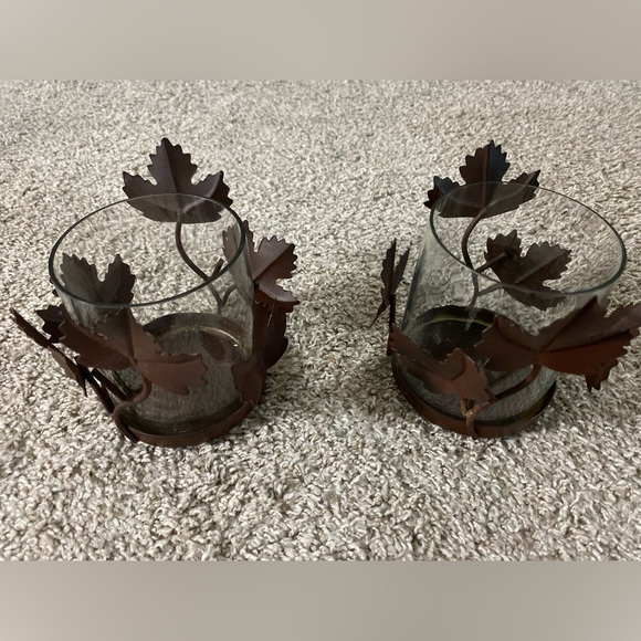 Metal and glass Set of Fall Leaf Candle Holders with led candles - Picture 1 of 7